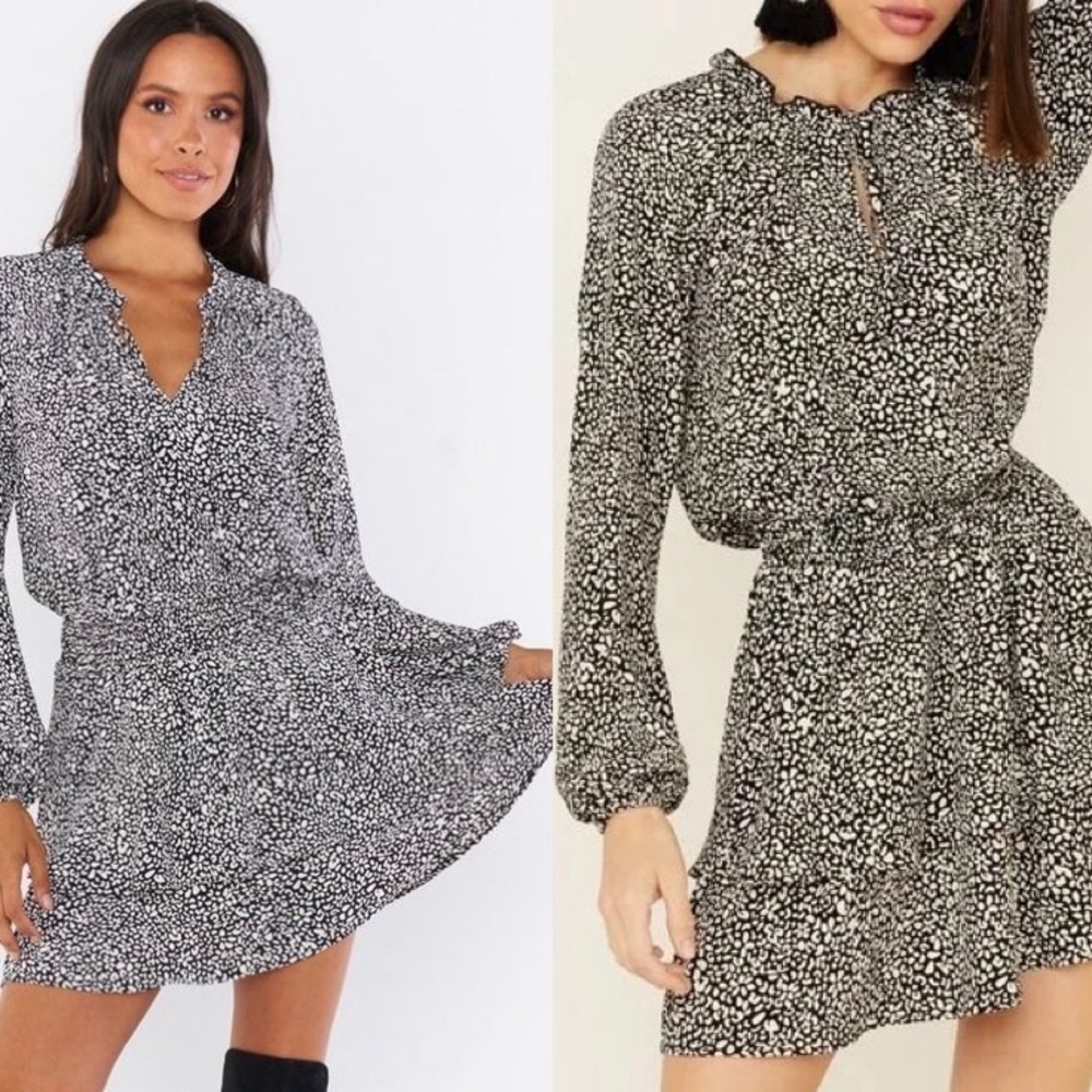 Show Me Your Mumu SMYM Tatum black white leopard print ruffle mini dress S
